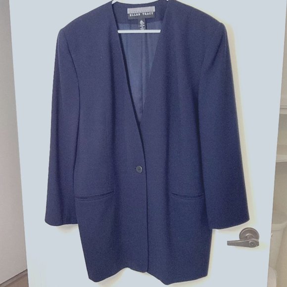 Linda Allred for ELLEN TRACY vintage 90's Navy Blue Blazer 100% wool EUC Size 16 - Picture 1 of 11